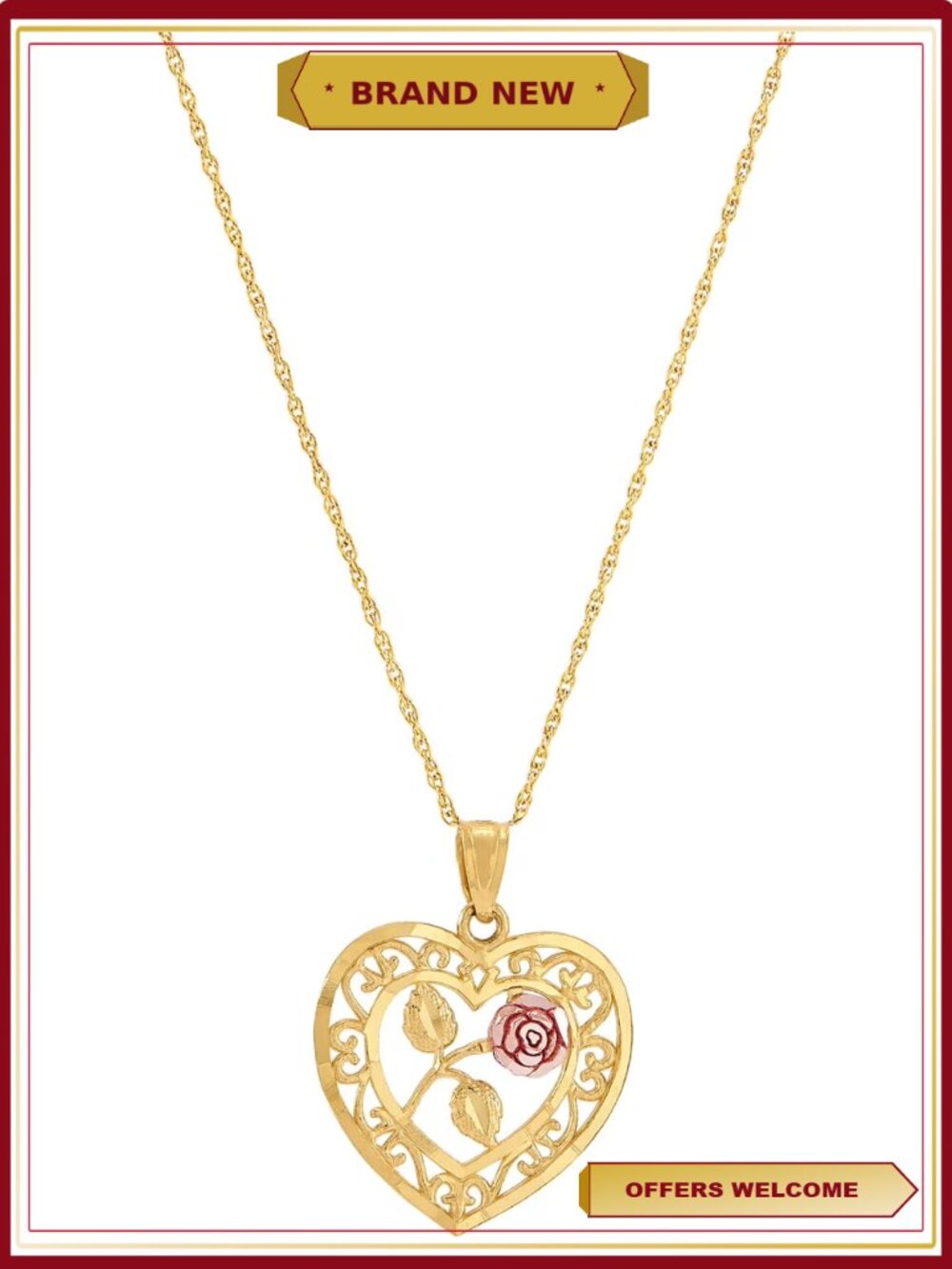 10K Two-Tone Gold Heart Flower Pendant Necklace 18" Gold Filled Chain